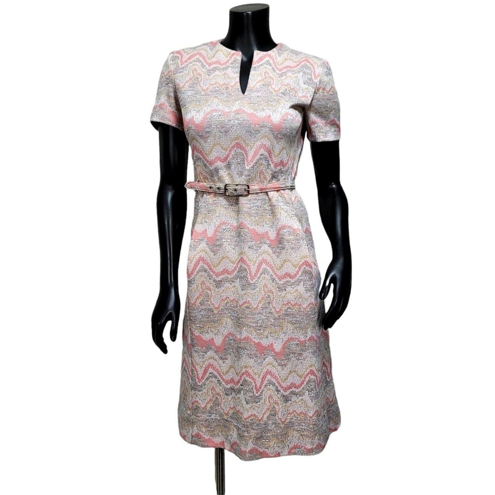 Vintage GTS Ltd Pink Gold Chevron Zigzag Belted Shift Dress with Pockets Size S